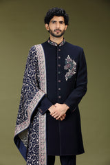 Navy blue regal polyester silk men indo western with dupatta