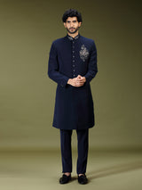 Navy blue opulent polyester silk men indo western with dupatta