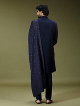 Navy blue opulent polyester silk men indo western with dupatta