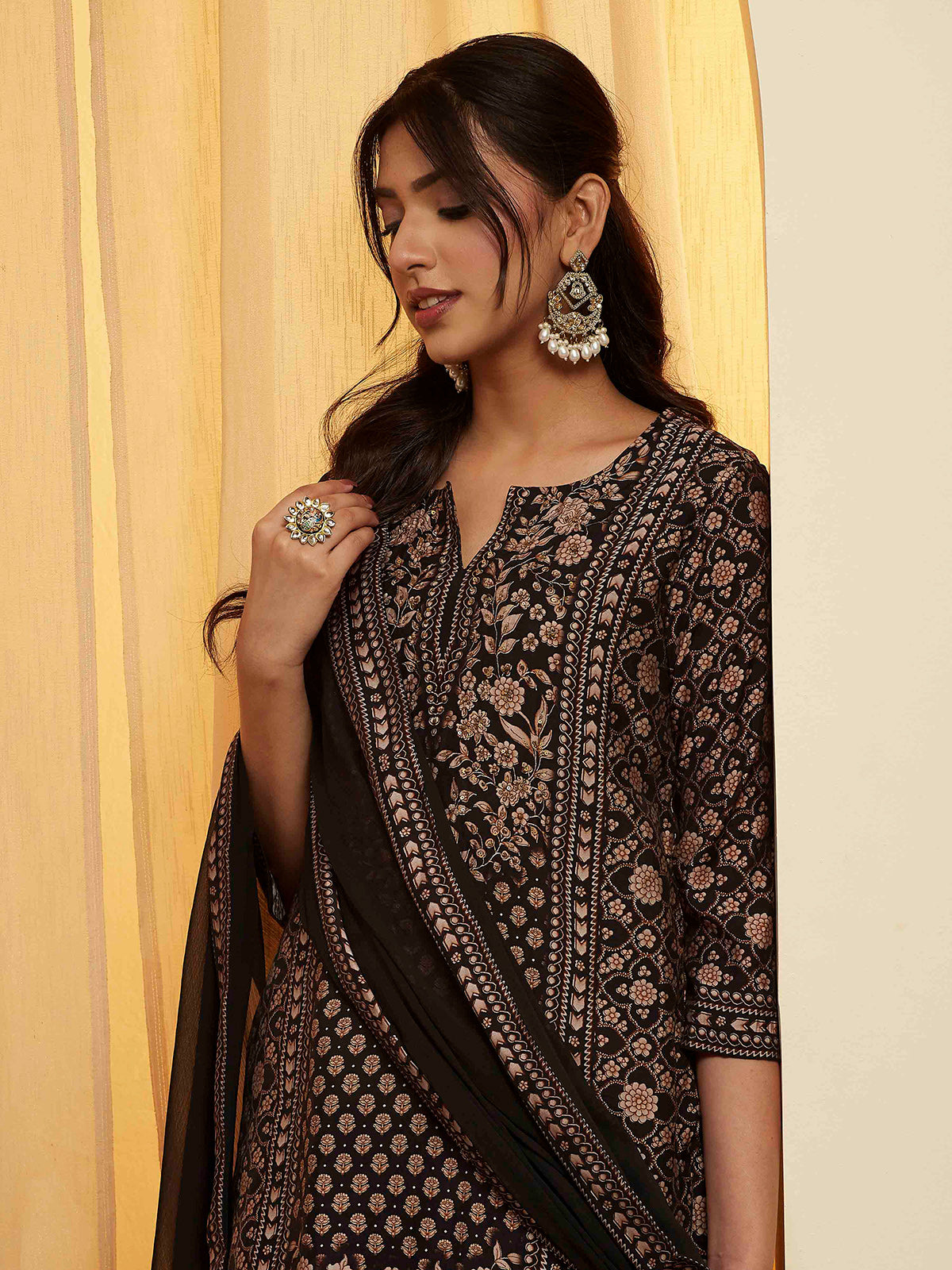 Black straight printed kurti set for festive celebration