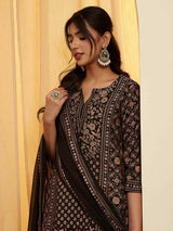 Black straight printed kurti set for festive celebration
