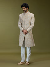 Beige regal floral premium raw silk mens sherwani