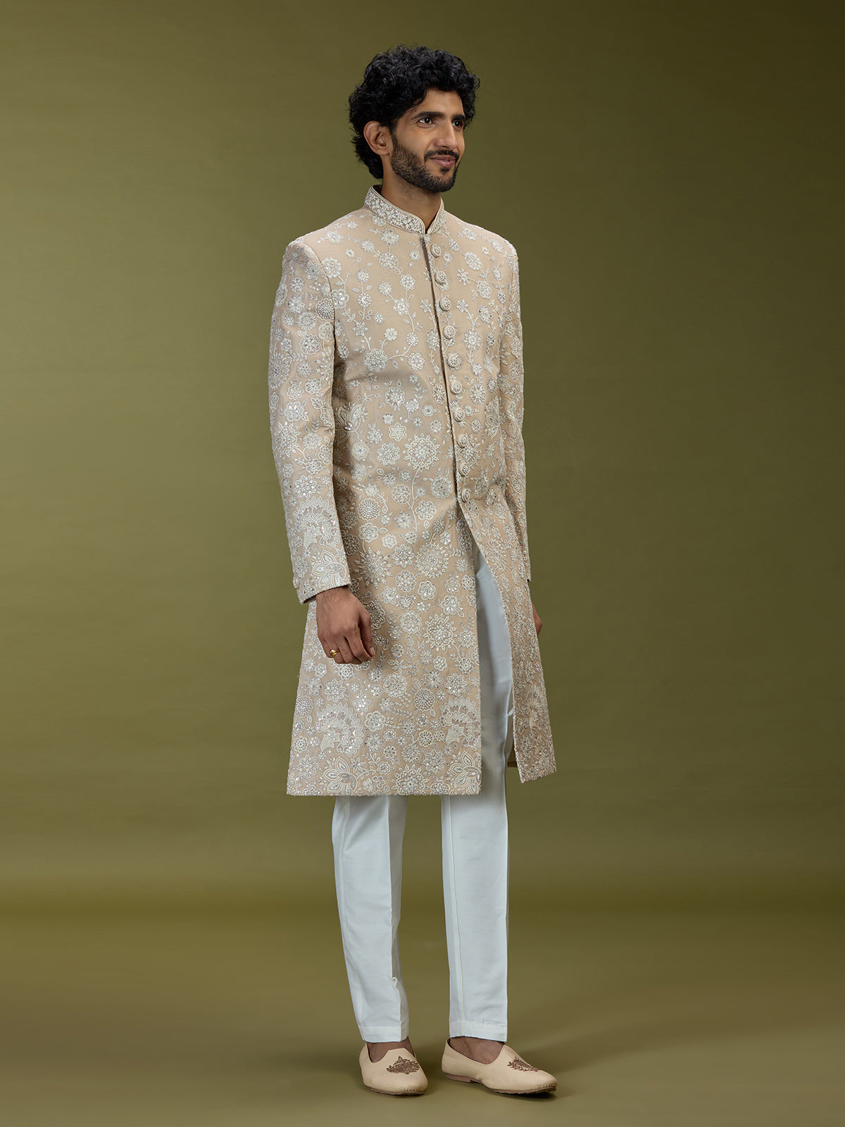 Beige regal floral premium raw silk mens sherwani
