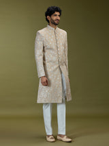 Beige regal floral premium raw silk mens sherwani