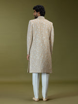 Beige regal floral premium raw silk mens sherwani