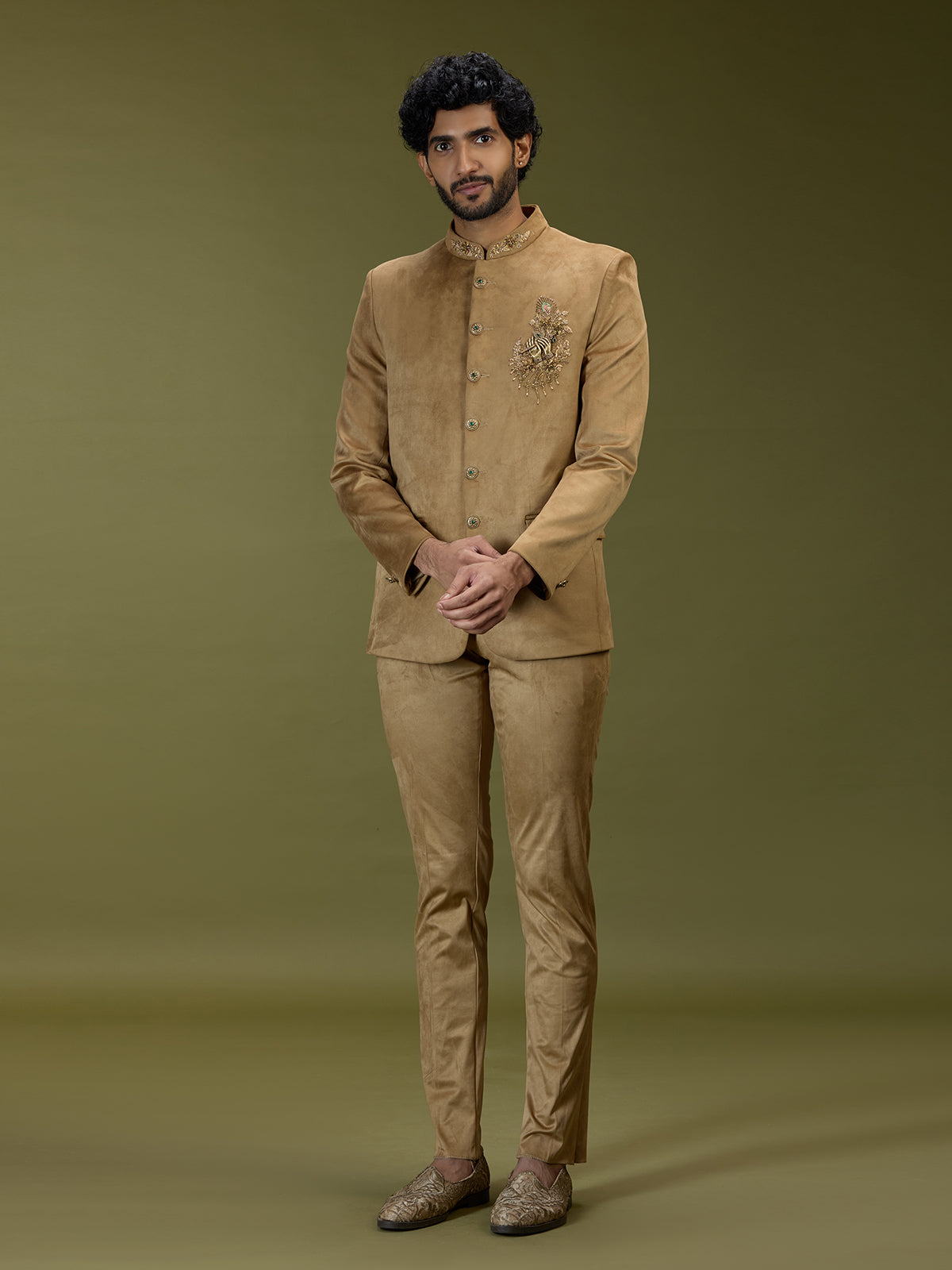 Gold royal krishna motif premium velvet jodhpuri suit