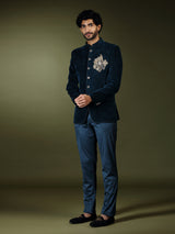 Teal blue royal velvet embellished jodhpuri suit