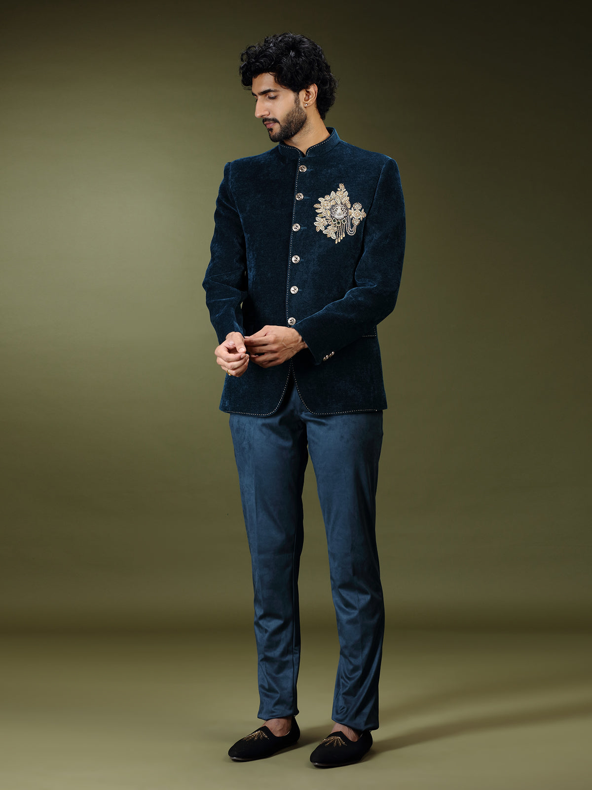 Teal blue royal velvet embellished jodhpuri suit