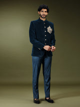 Teal blue royal velvet embellished jodhpuri suit