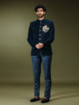Teal blue royal velvet embellished jodhpuri suit