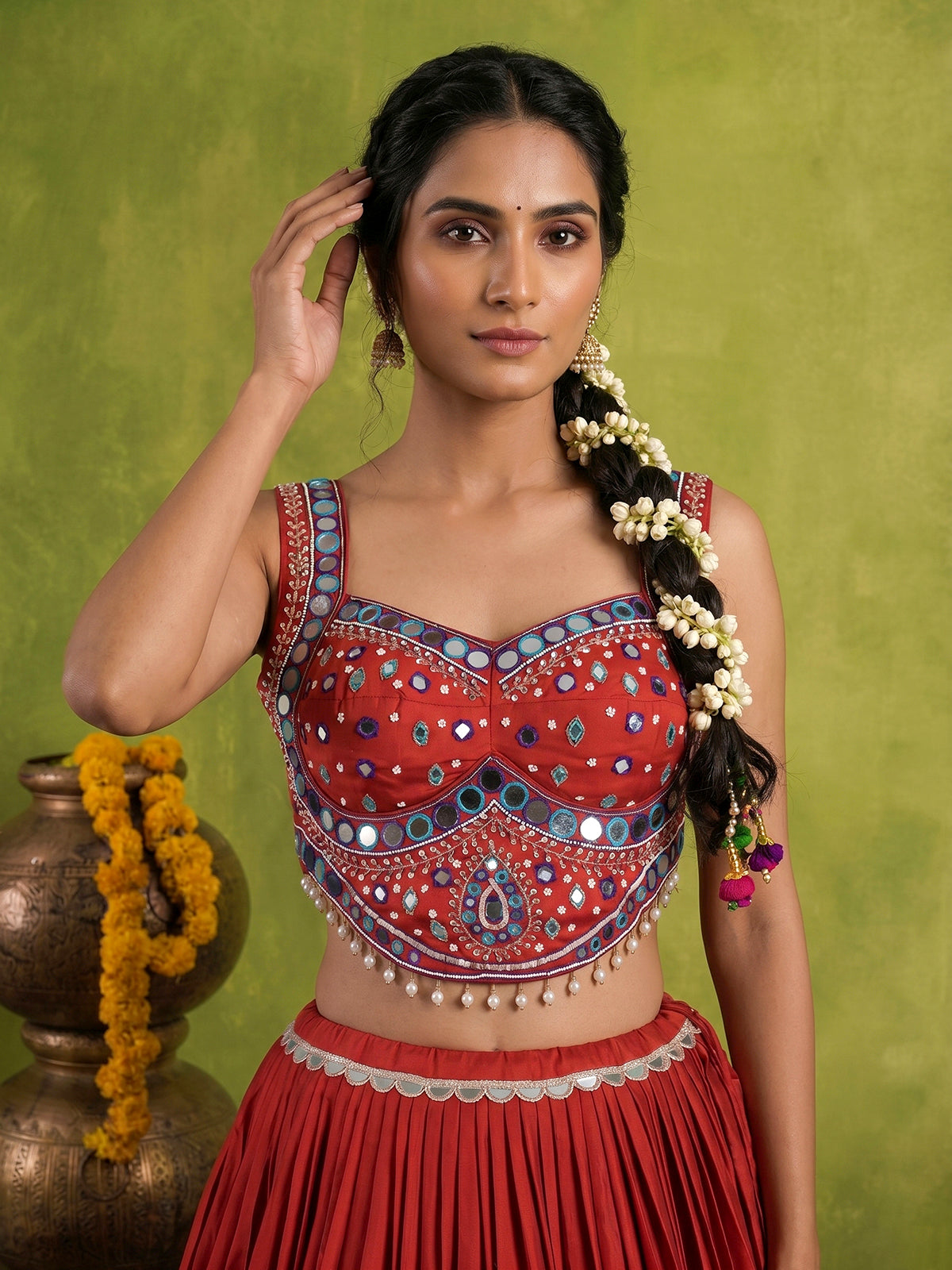 Brick red cotton silk navratri lehenga choli with bandhani dupatta