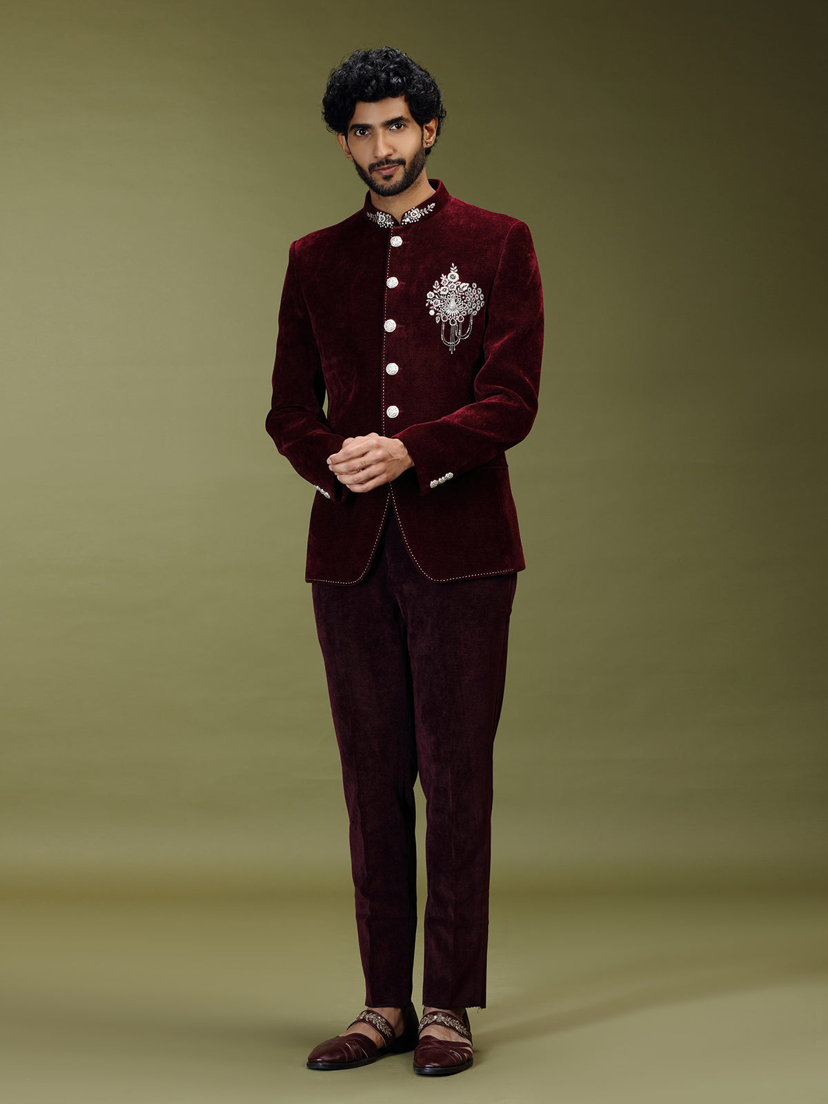 Maroon opulent velvet embroidered premium jodhpuri suit