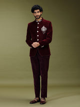 Maroon opulent velvet embroidered premium jodhpuri suit