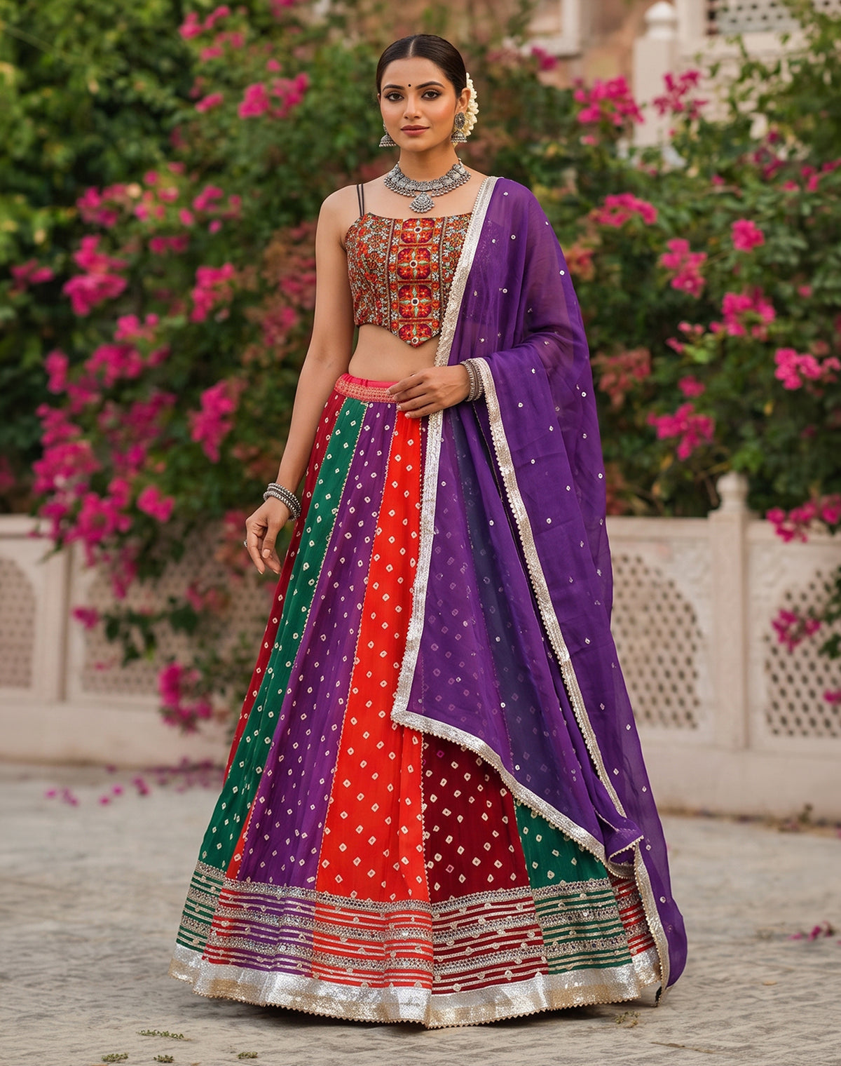 Multi colour printed navratri cotton silk lehenga choli