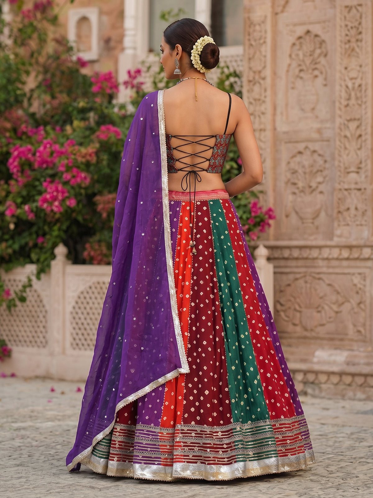 Multi colour printed navratri cotton silk lehenga choli