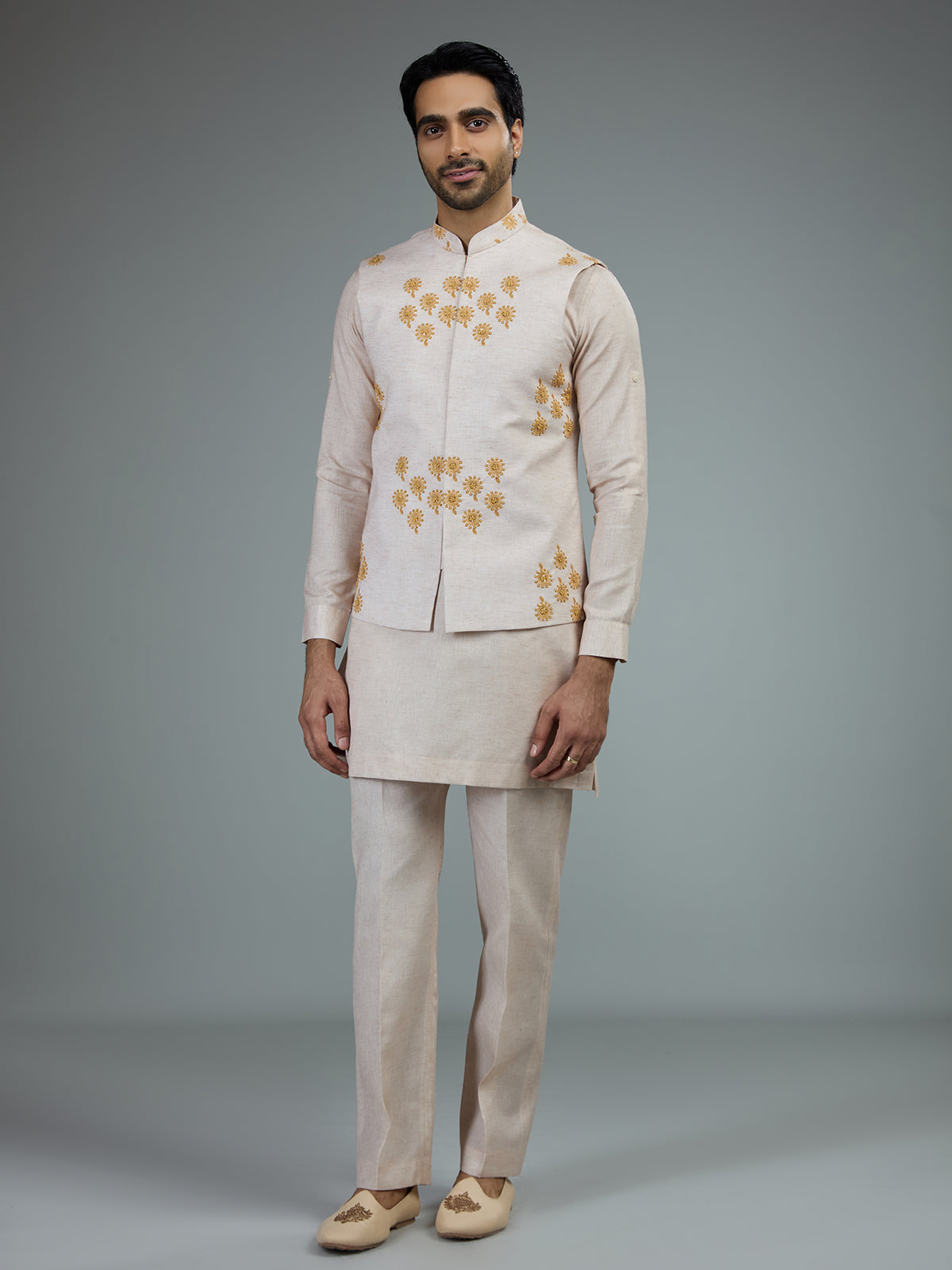 Cream embroidered mens waistcoat set