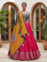 Pink folk art cotton silk navratri wear lehenga choli