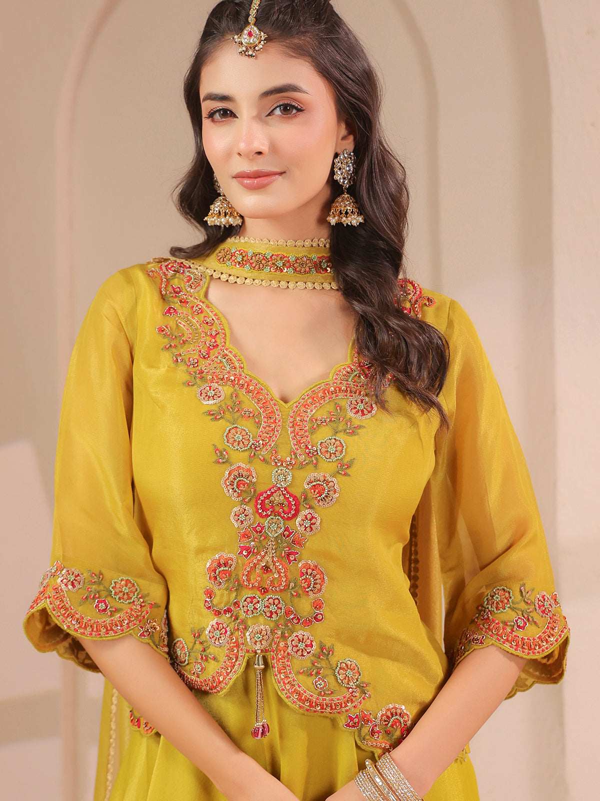 Yellow scallop work top with draped dupatta and palazzo