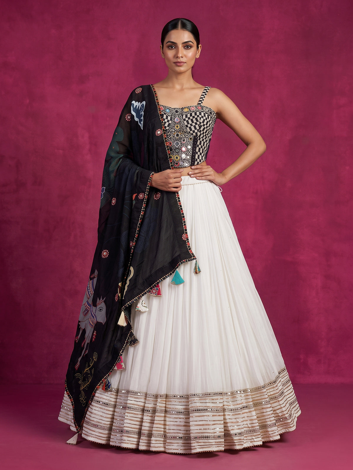 navratri dress for ladies online White kutchi mirror cotton silk wear lehenga choli – G3+Fashion Mini/Midi