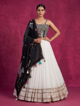 White kutchi mirror cotton silk navratri wear lehenga choli