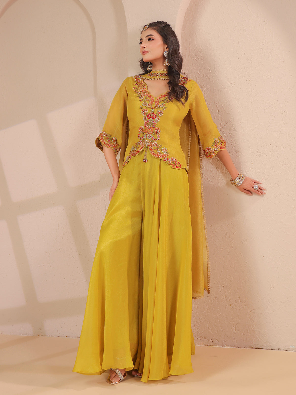 Yellow scallop work top with draped dupatta and palazzo