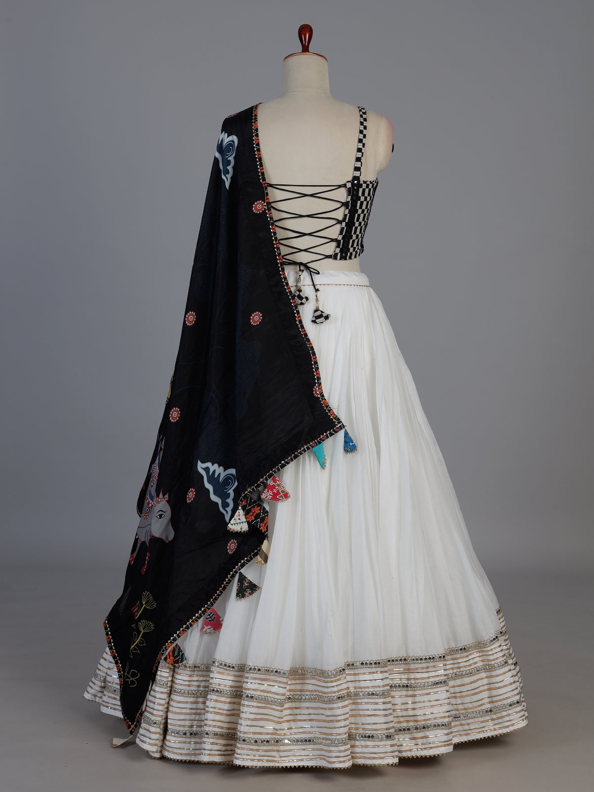White kutchi mirror cotton silk navratri wear lehenga choli