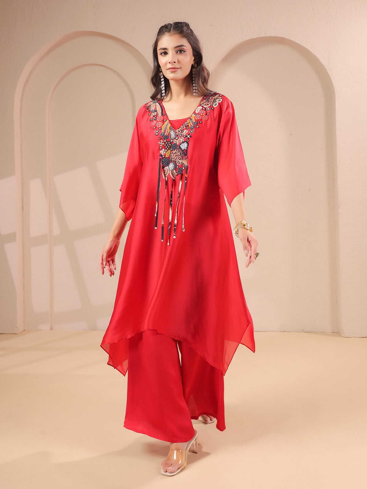 Red handwork aline kurta with inner and palazzo