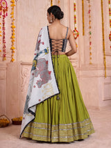Parrot green pure silk blend lehenga choli with mirror work