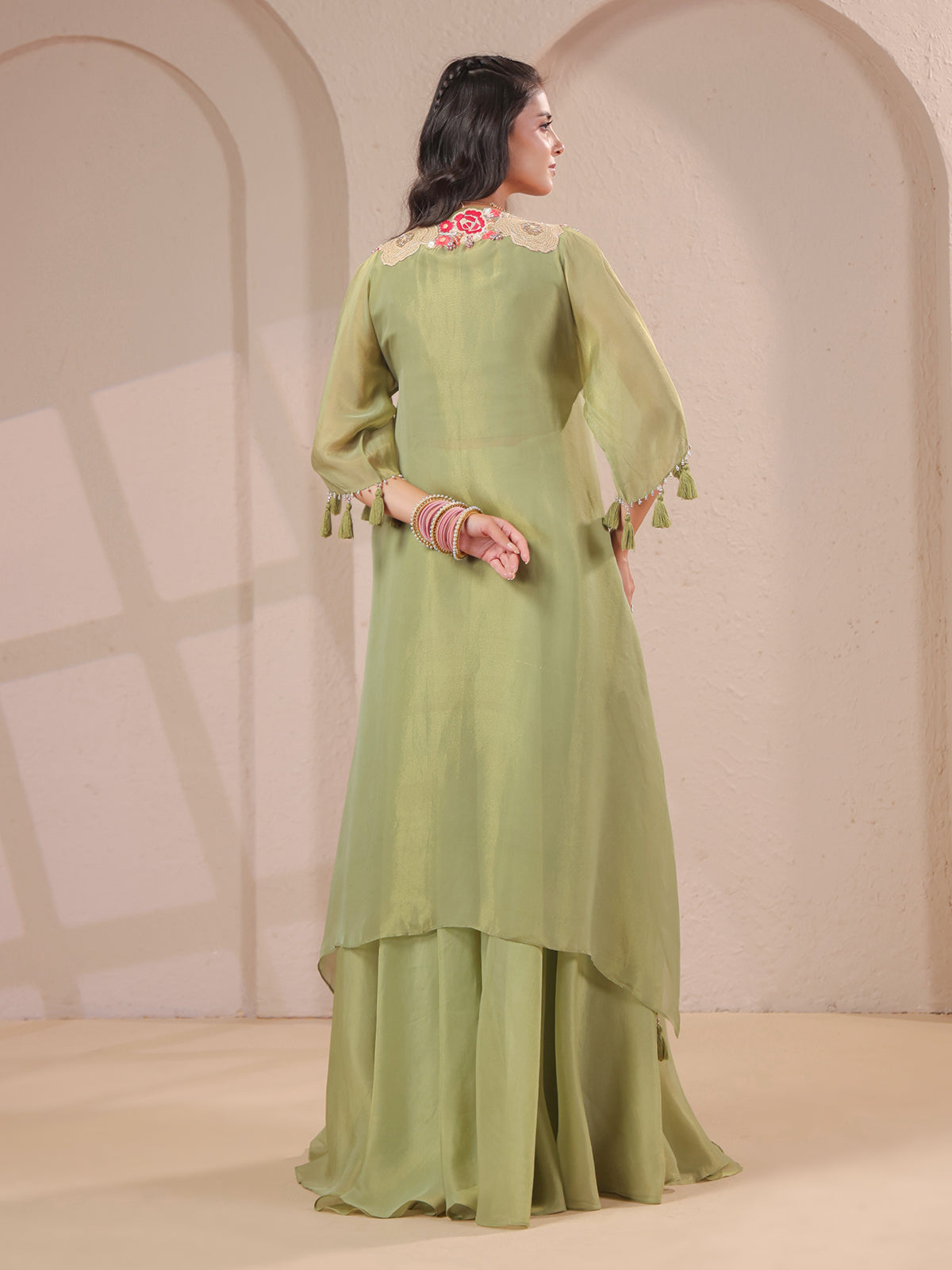 Pista green handwork kurta bustier and designer palazzo set