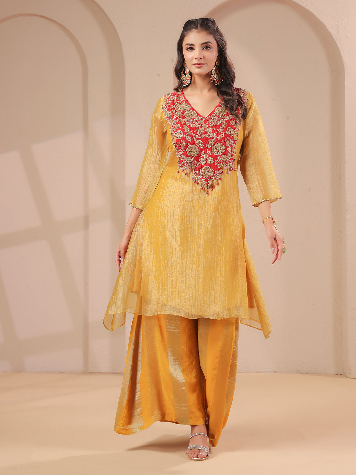 Mustard yellow handwork yoke style kurta with palazzo