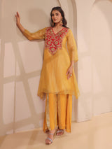 Mustard yellow handwork yoke style kurta with palazzo