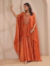 Rust orange handwork bodice flared top with banarasi palazzo