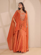 Rust orange handwork bodice flared top with banarasi palazzo