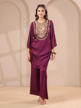 Purple handwork designer kurta with elegant modal satin palazzo