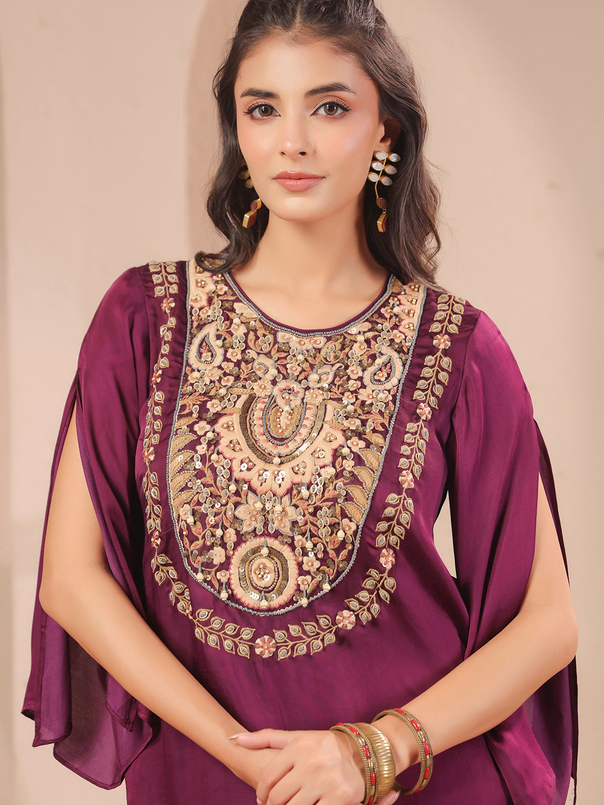 Purple handwork designer kurta with elegant modal satin palazzo