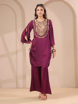 Purple handwork designer kurta with elegant modal satin palazzo