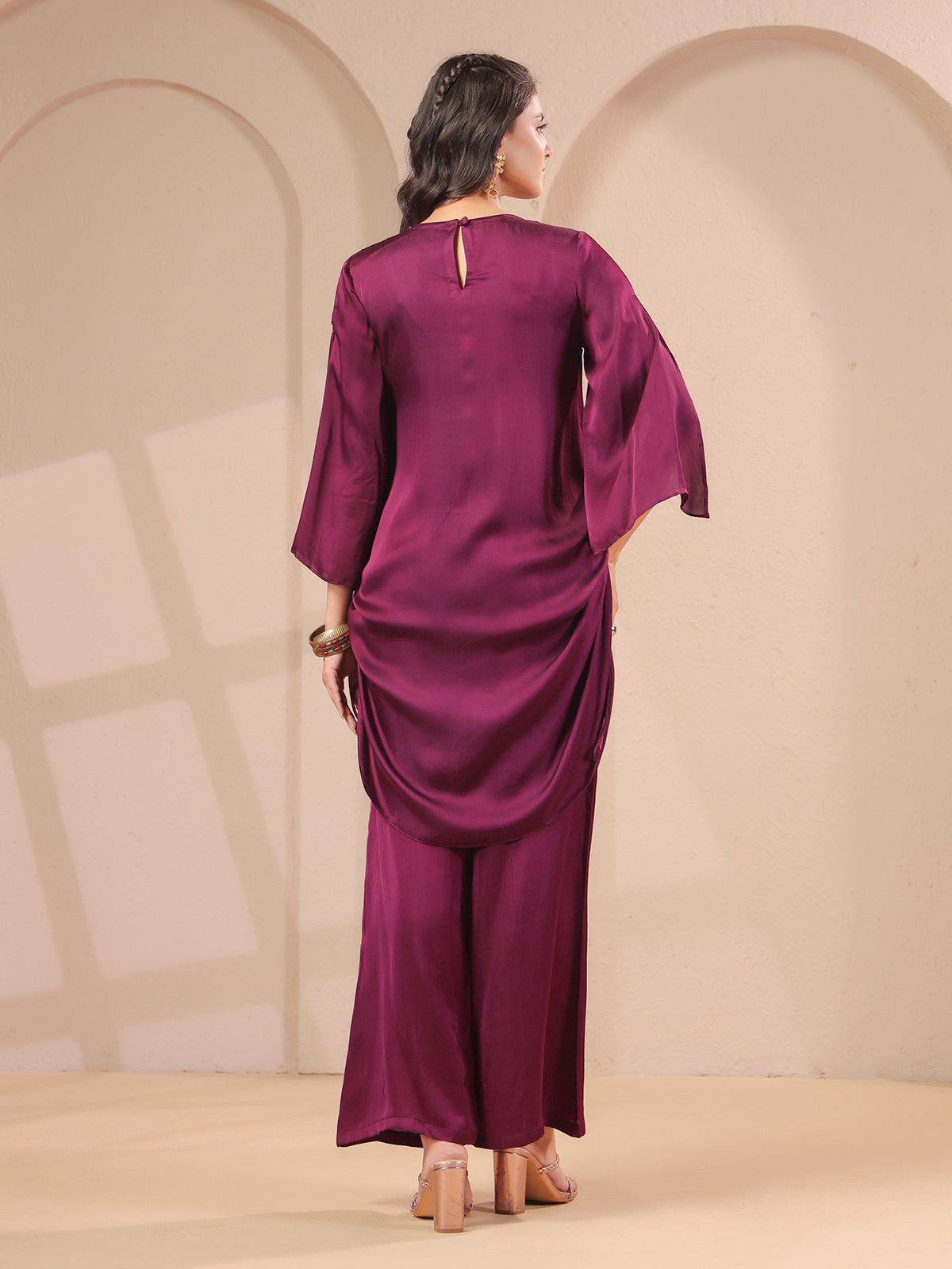 Purple handwork designer kurta with elegant modal satin palazzo