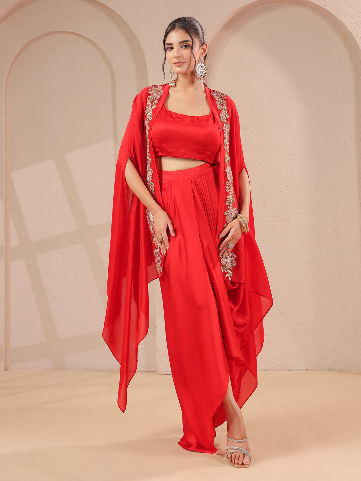 Red work overlay bustier with designer long shrug indowestern