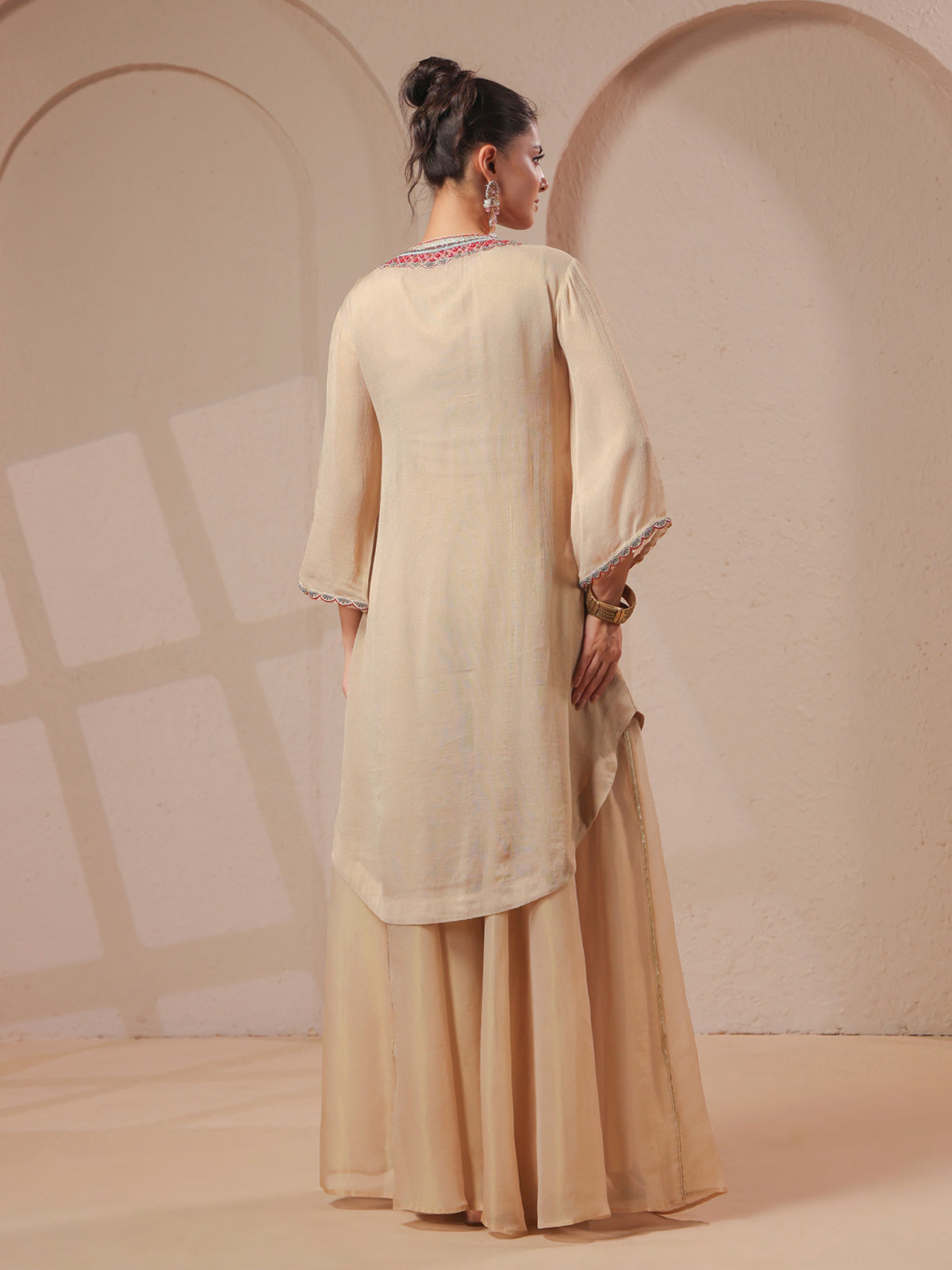 Beige handwork kurta palazzo set with shimmering organza