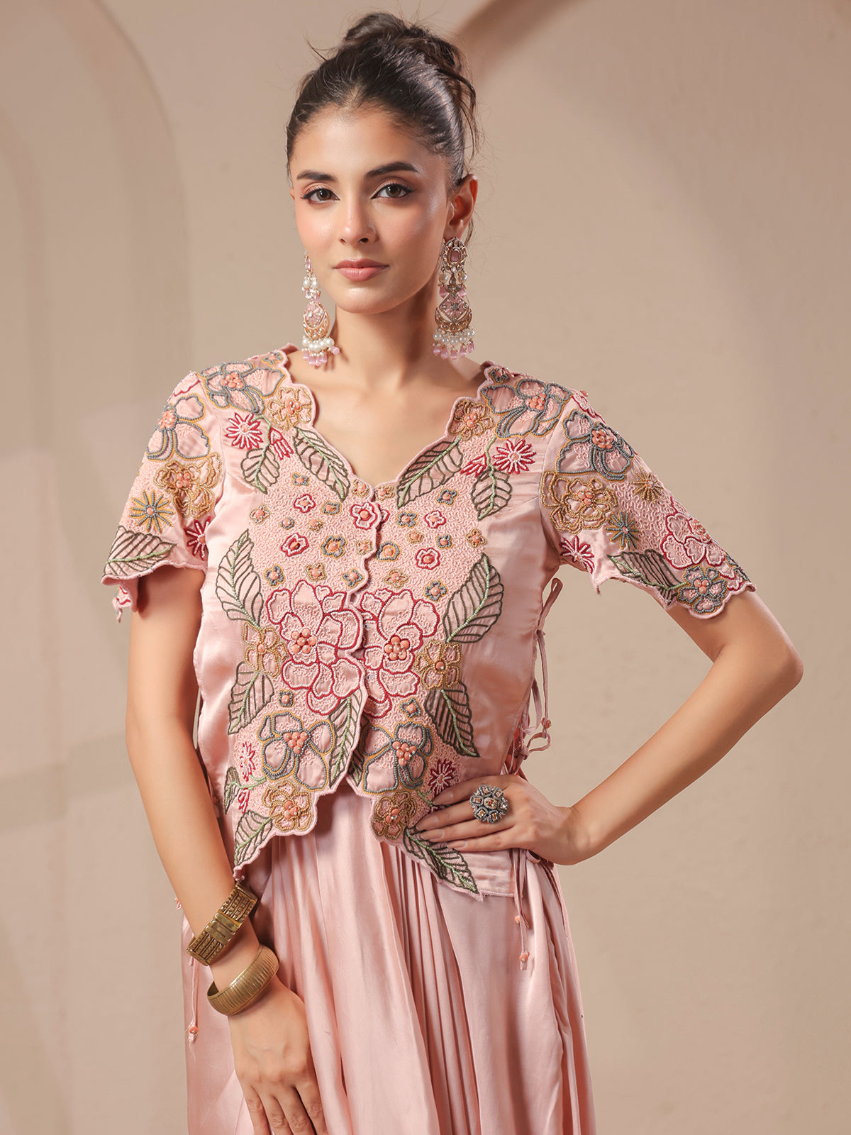 Pink rose-gold bustier handwork top with designer indowestern