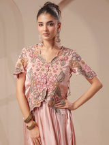 Pink rose-gold bustier handwork top with designer indowestern
