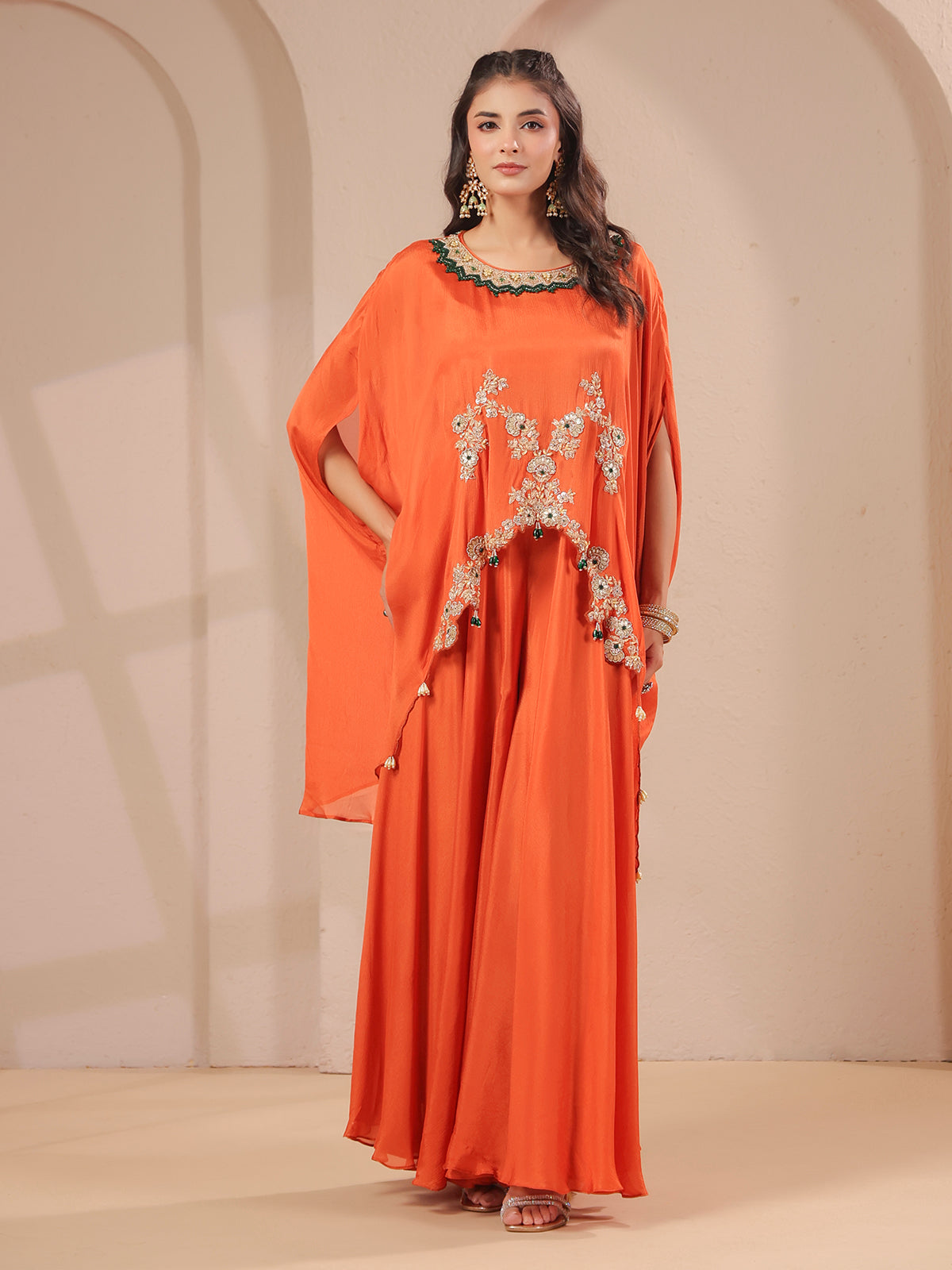 Orange handwork cape with designer palazzo festive ensemble
