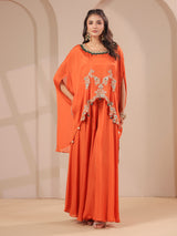Orange handwork cape with designer palazzo festive ensemble