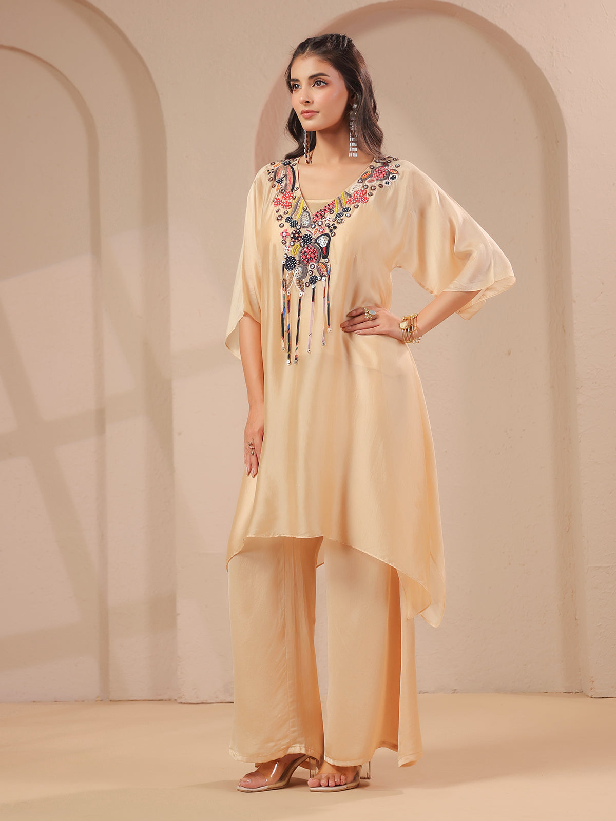 Cream A-line handwork kurta with inner and designer palazzo
