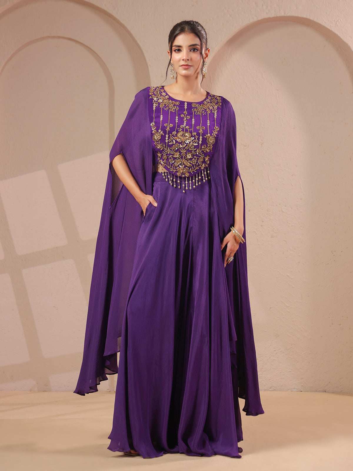 Purple handwork bodice flared top with elegant palazzo