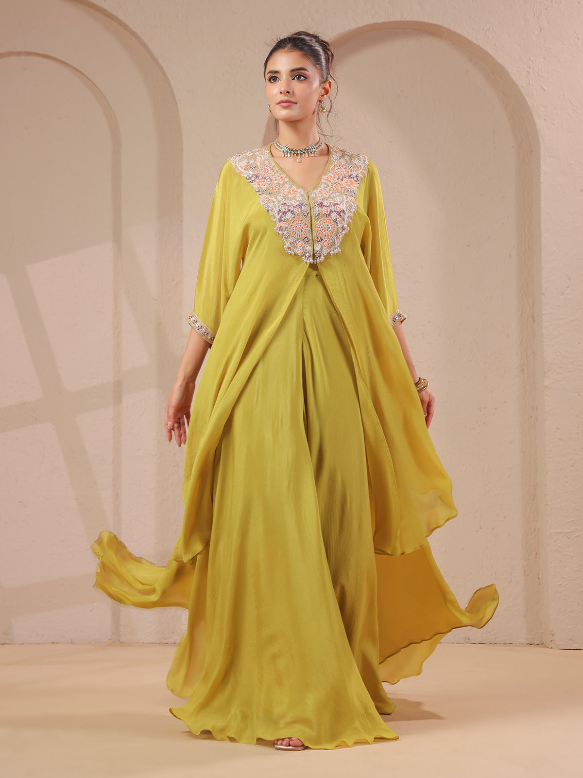 Mehendi yellow handwork kurta bustier with designer palazzo