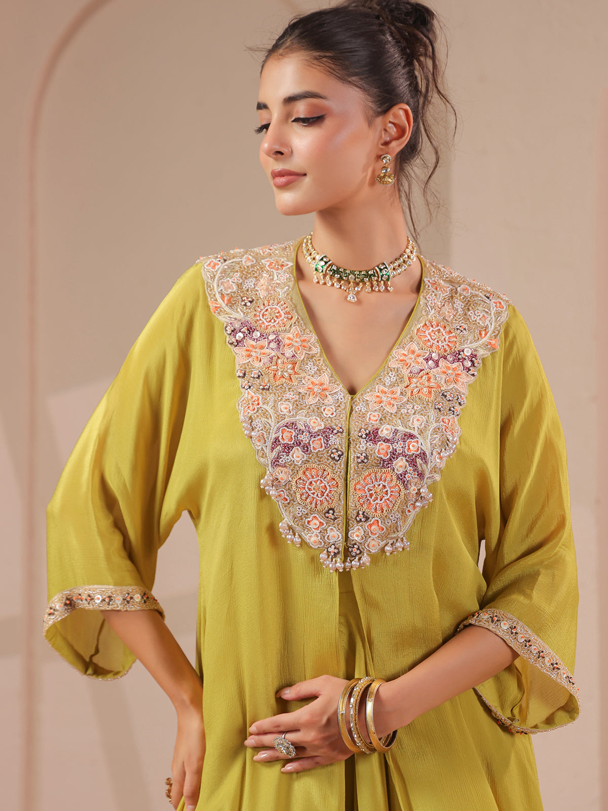 Mehendi yellow handwork kurta bustier with designer palazzo