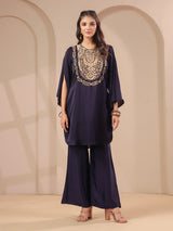 Purple handwork kurta with designer modal satin palazzo