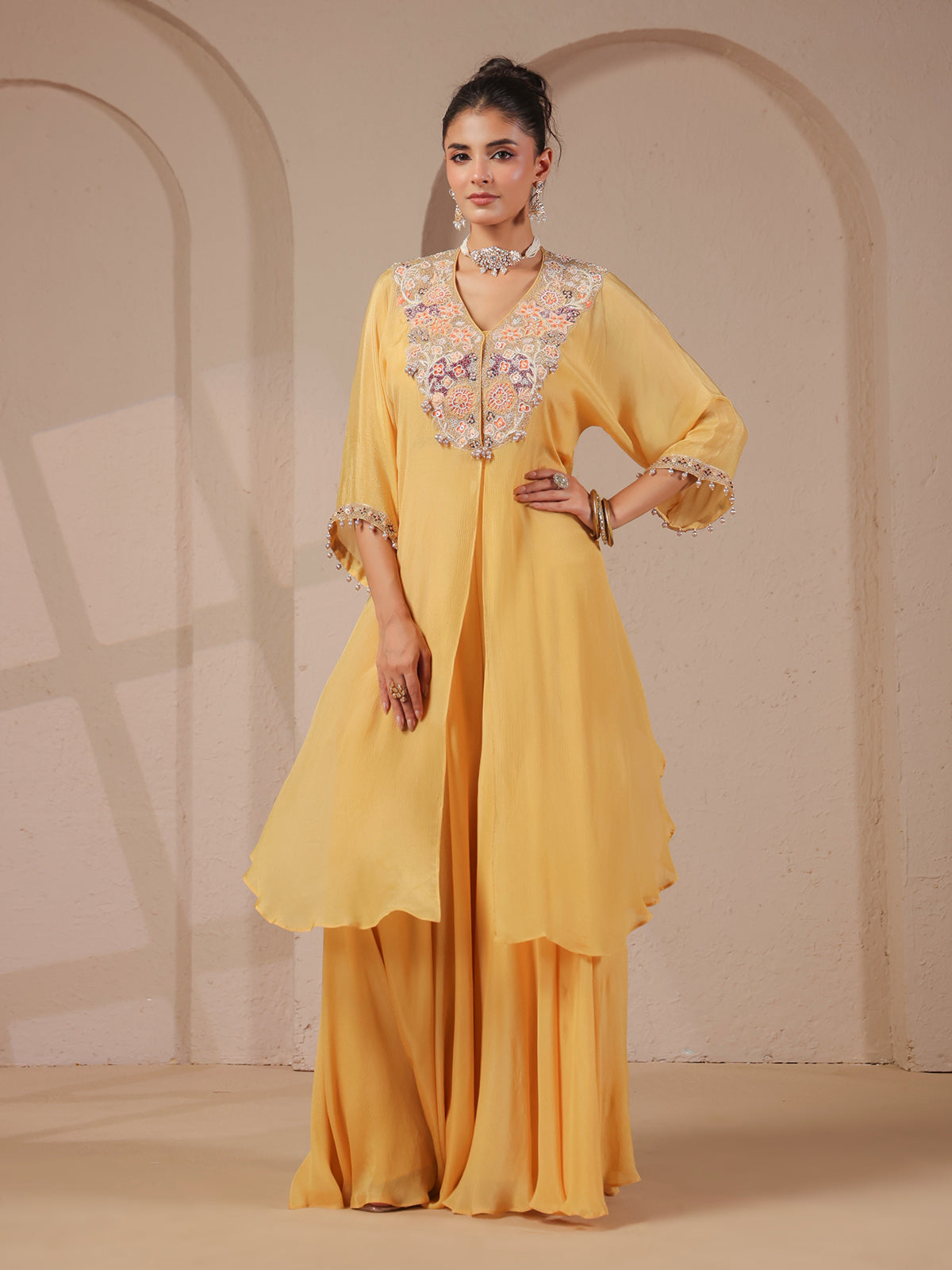 Light yellow handwork kurta bustier palazzo festive designer set