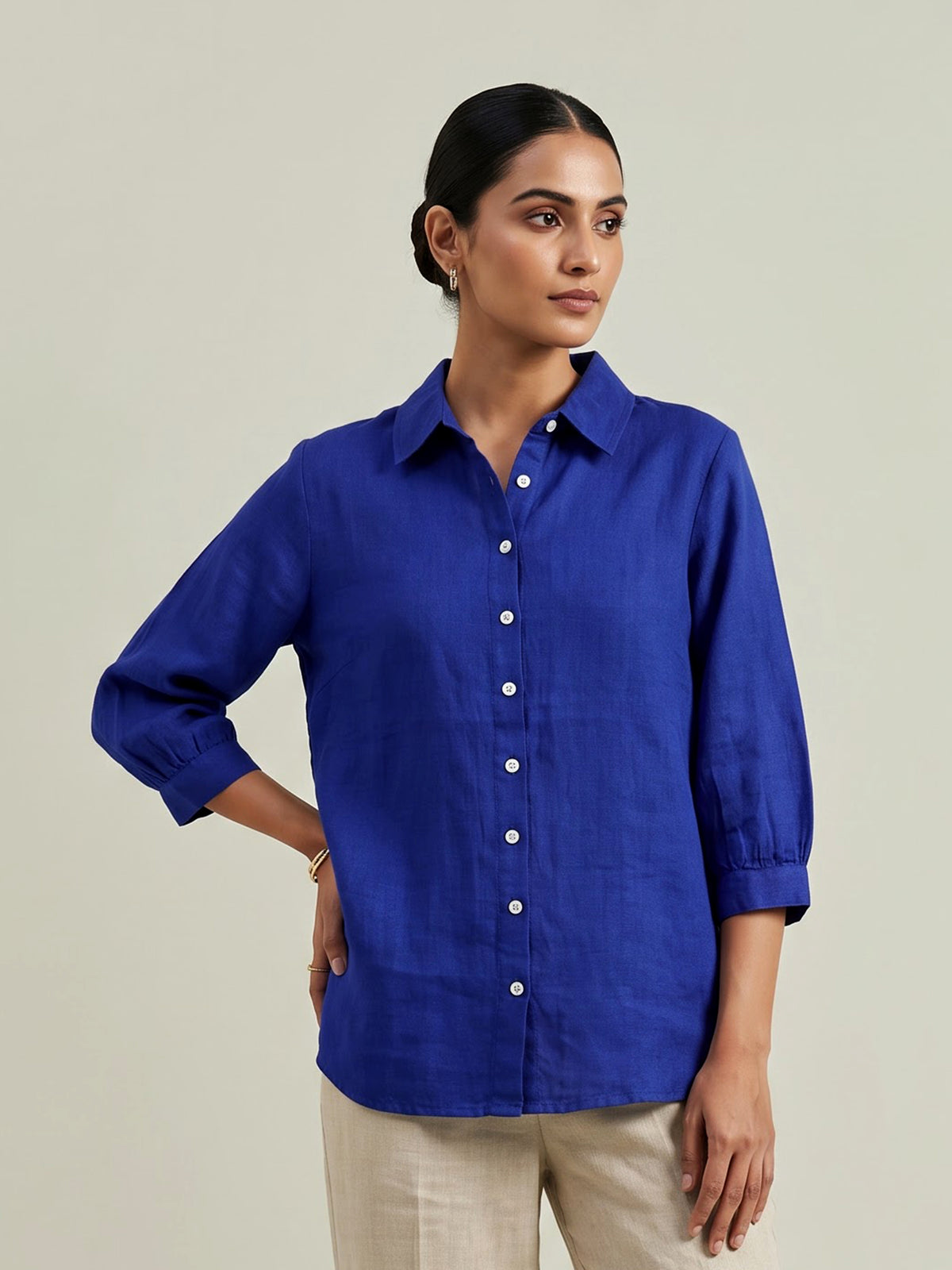 Blue linen women shirt